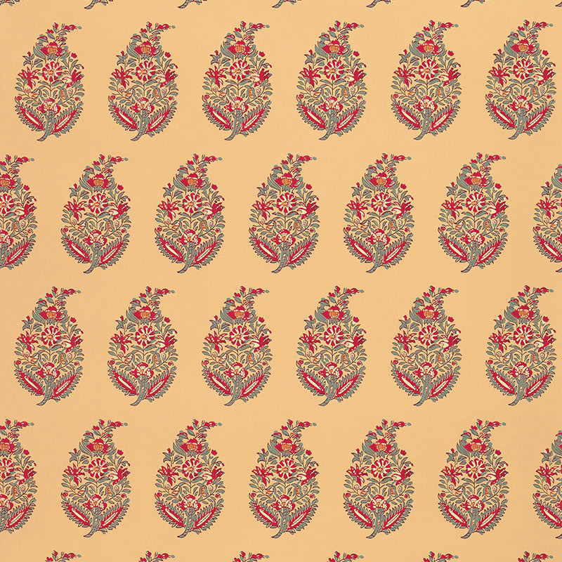 Rajasthan Paisley Jewel wallpaper by Schumacher featuring a traditional paisley motif in vibrant jewel tones on a warm background.