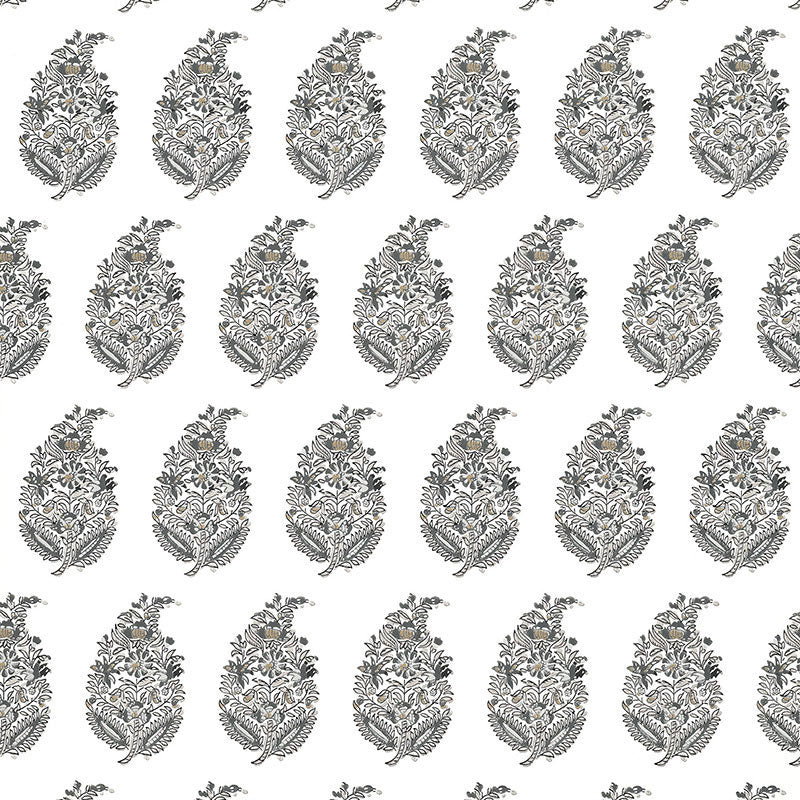 Rajasthan Paisley wallpaper in silver by Schumacher, featuring a traditional paisley motif in a repeating pattern.