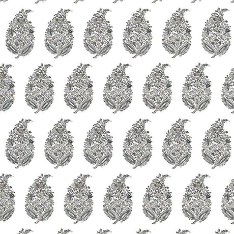 Rajasthan Paisley wallpaper in silver by Schumacher, featuring a traditional paisley motif in a repeating pattern.