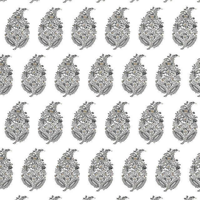 Rajasthan Paisley wallpaper in silver by Schumacher, featuring a traditional paisley motif in a repeating pattern.