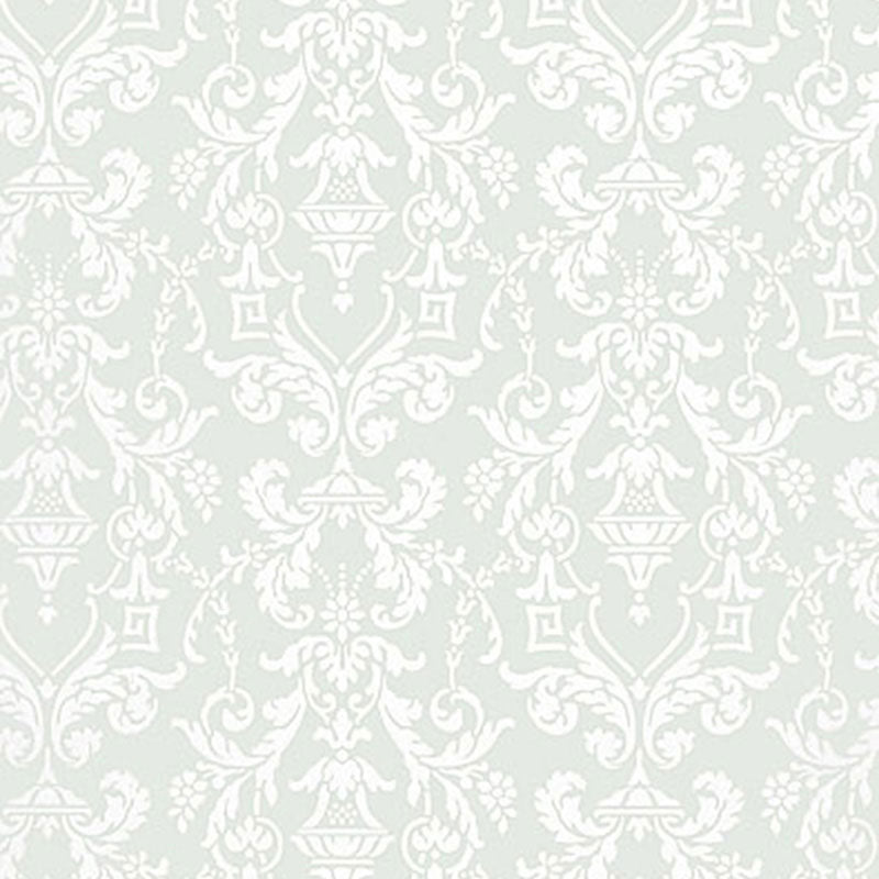 LIDO DAMASK wallpaper in Haze by Schumacher, classic damask pattern in soft pale blue and white.