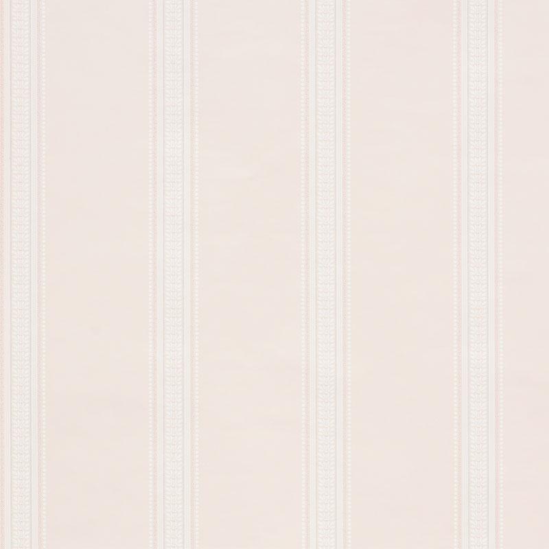 Lorraine Stripe Blush wallpaper by Schumacher, designed by Matthew Patrick Smyth. Classic three-color stripe pattern in blush pink.