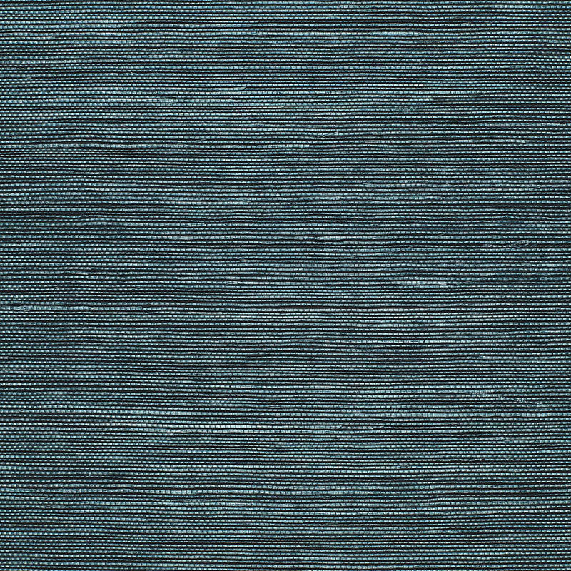 Haruki Sisal Peacock textured wallcovering by Schumacher, shown in close-up and styled in a modern interior.