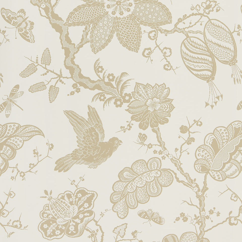 BALI VINE Sandstone wallpaper by Schumacher featuring a hand-screened botanical and bird pattern in neutral tones.