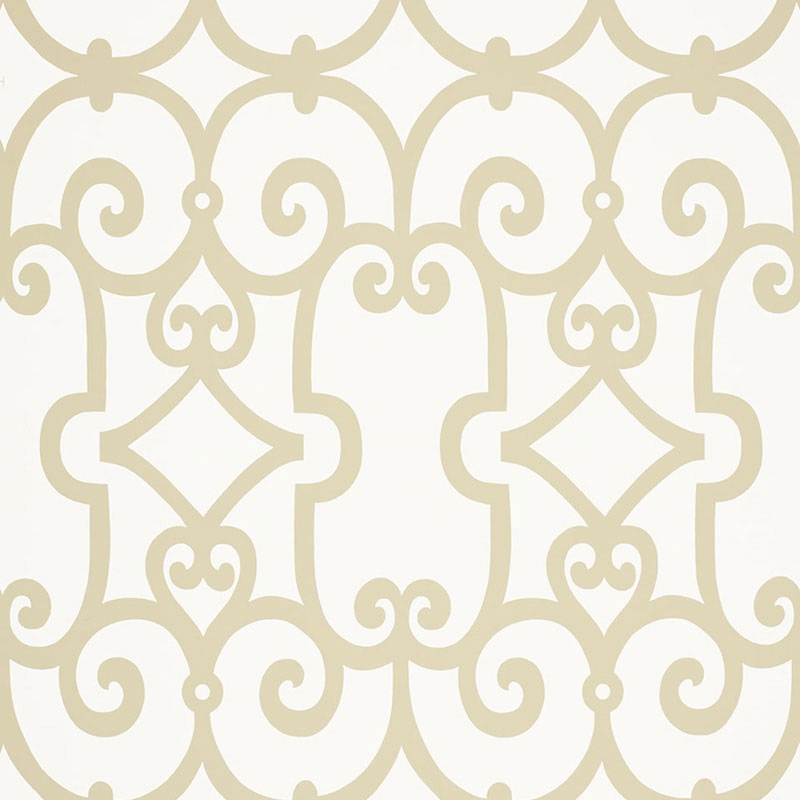 Manor Gate Sand by Schumacher - Modern geometric scroll wallpaper in beige and white.