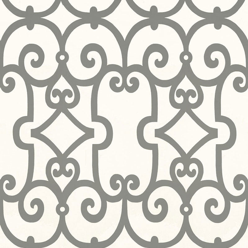 Manor Gate wallpaper in charcoal by Schumacher featuring a bold, modern scrollwork pattern in grey on a white background.