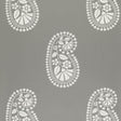 Indore Paisley wallpaper in charcoal by Schumacher, featuring a classic white paisley motif on a grey background.