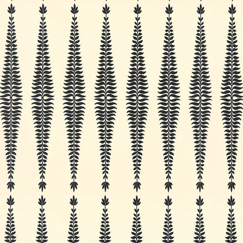Fern Tree Noir wallpaper by Kelly Wearstler for Schumacher, featuring stylized black fronds in a graphic diamond pattern on a light background.