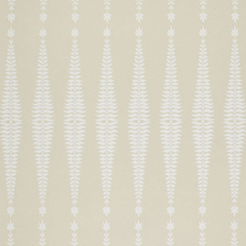 Fern Tree wallpaper in Bone by Kelly Wearstler for Schumacher, featuring stylized fronds in a graphic diamond pattern on a neutral background.