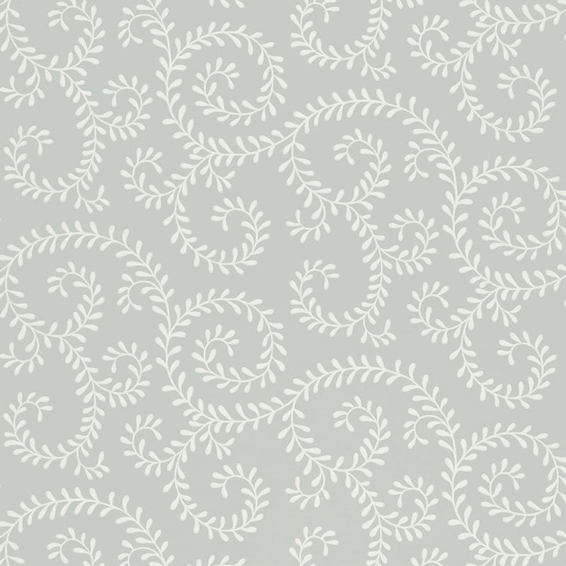 Leafy Scroll Dove wallpaper by Schumacher in a bathroom setting, featuring a scrolling vine pattern in soft grey and white.