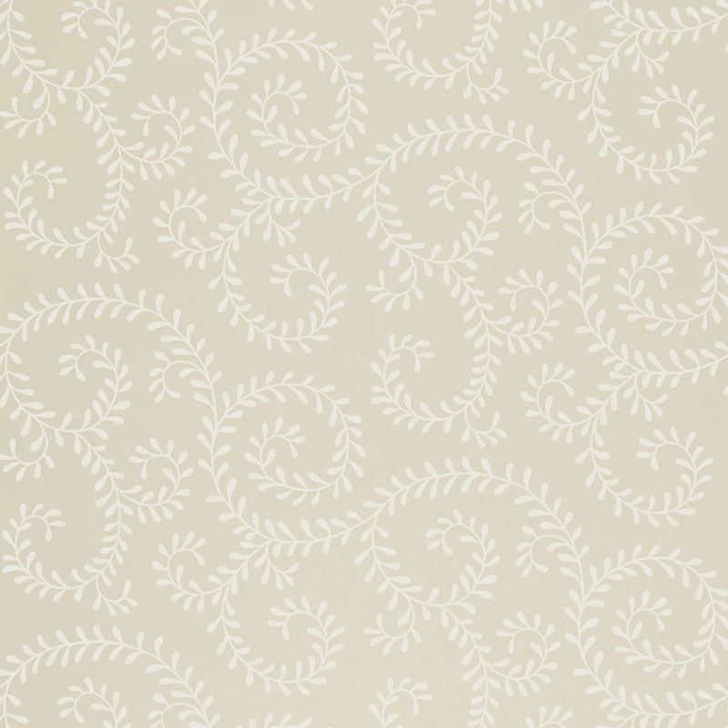 Leafy Scroll wallpaper in Bone by Schumacher, featuring a scrolling vine pattern inspired by embroidery, shown in a bathroom interior.