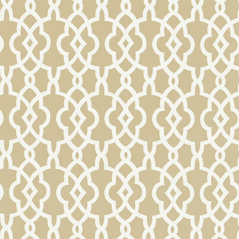 Summer Palace Fret wallpaper in sand color by Schumacher, featuring a modern geometric fretwork pattern.