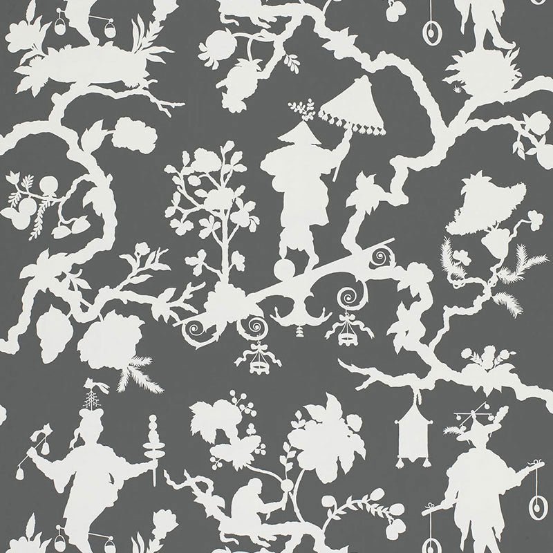 Shantung Silhouette Print wallpaper in Smoke by Schumacher, featuring white chinoiserie silhouettes on a smoky grey background, shown in a styled bedroom interior.