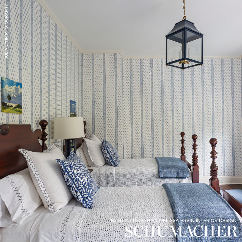 Katsura Stripe Delft by Schumacher Jaipur Collection Blue and White Stripe Floral Wallpaper – Schumacher 5005201