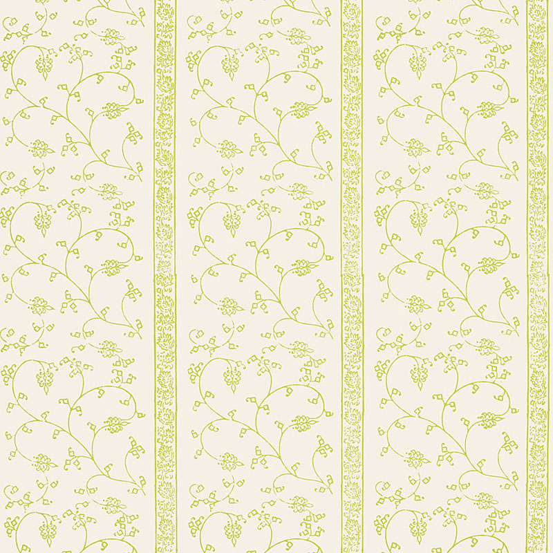 KHANPUR VINE wallpaper in Pear by Schumacher, Jaipur Collection. Block printed vine pattern in green on a neutral background.