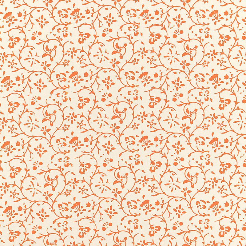 Kyara Vine wallpaper in Valencia by Schumacher, Jaipur Collection. Orange vine and floral block print on cream background.