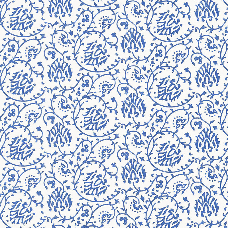 Sarana Vine Delft blue and white hand screen printed wallpaper by Schumacher, Jaipur Collection, SKU 5005271