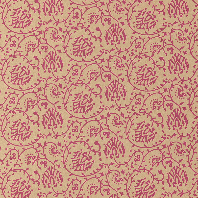 Sarana Vine wallpaper in Cerise by Schumacher, Jaipur Collection. Block-printed vine pattern in pink on neutral background.