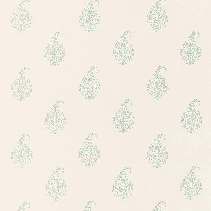 Kerala Paisley wallpaper in Water Blue by Schumacher, featuring a classic tear-shaped paisley block print pattern on a light background.