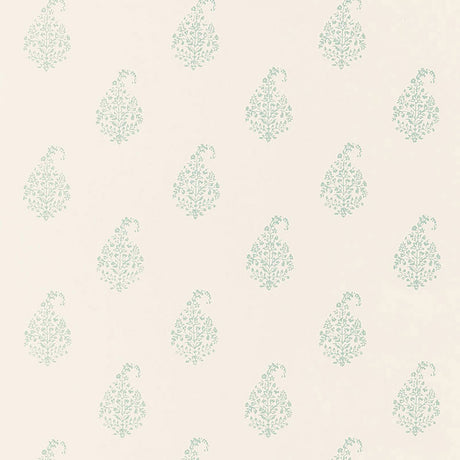 Kerala Paisley wallpaper in Water Blue by Schumacher, featuring a classic tear-shaped paisley block print pattern on a light background.