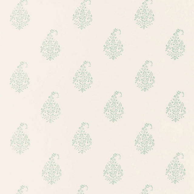 Kerala Paisley wallpaper in Water Blue by Schumacher, featuring a classic tear-shaped paisley block print pattern on a light background.