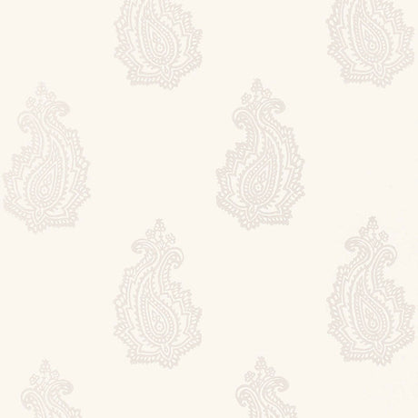 MADRAS PAISLEY wallpaper in Oyster by Schumacher, featuring a hand-screened paisley pattern in a neutral colorway, shown in a bathroom interior.