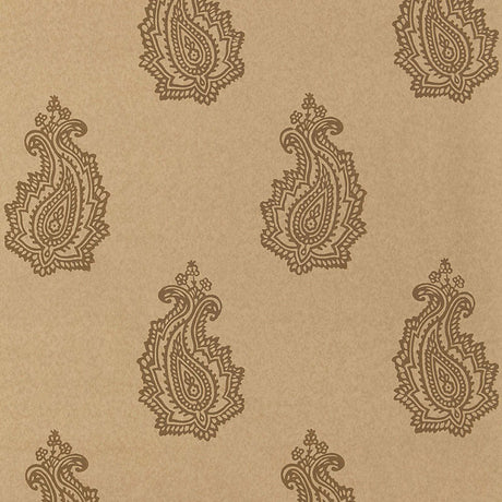Madras Paisley wallpaper in Tabac by Schumacher, featuring a classic paisley block print design in warm neutral tones.