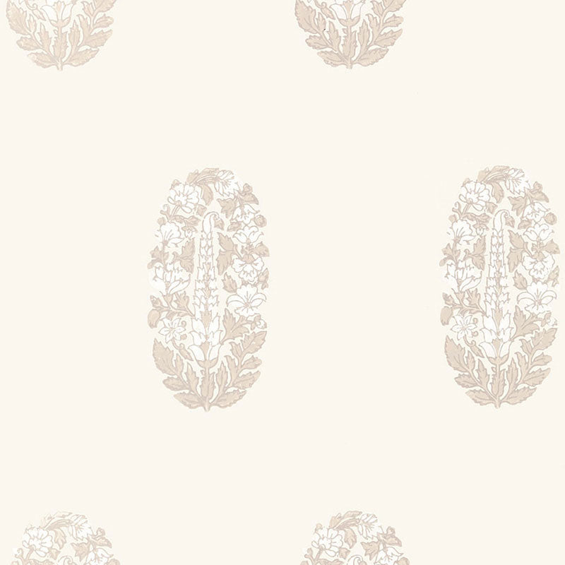 ASKANDRA FLOWER wallpaper in Oyster by Schumacher, featuring a delicate paisley-inspired floral block print in a neutral colorway.