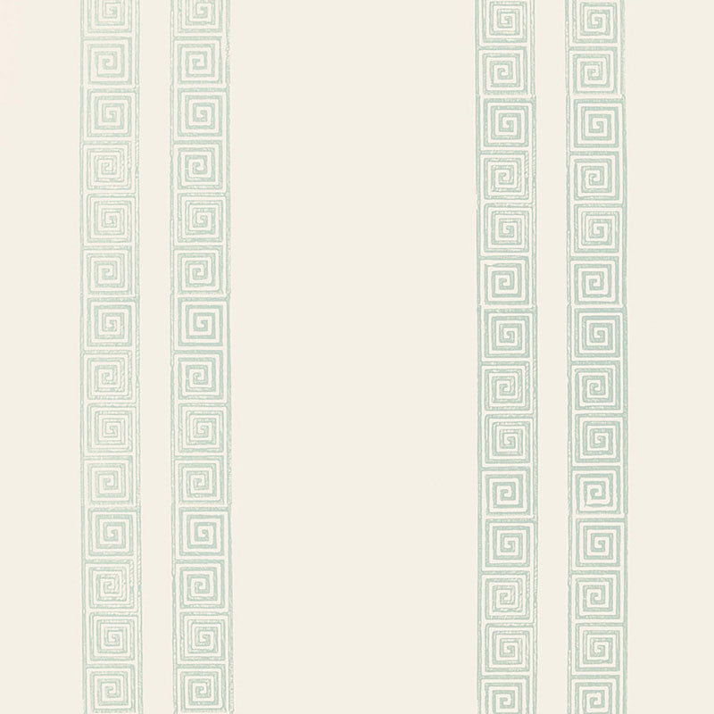 Greek Key Stripe wallpaper in Water Blue from Schumacher Jaipur Collection, featuring a classic Greek key stripe pattern on a light background.
