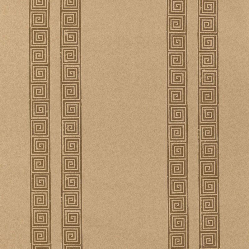 Greek Key Stripe wallpaper in Tabac from the Jaipur collection by Schumacher, featuring a classic Greek key stripe pattern in warm brown tones.