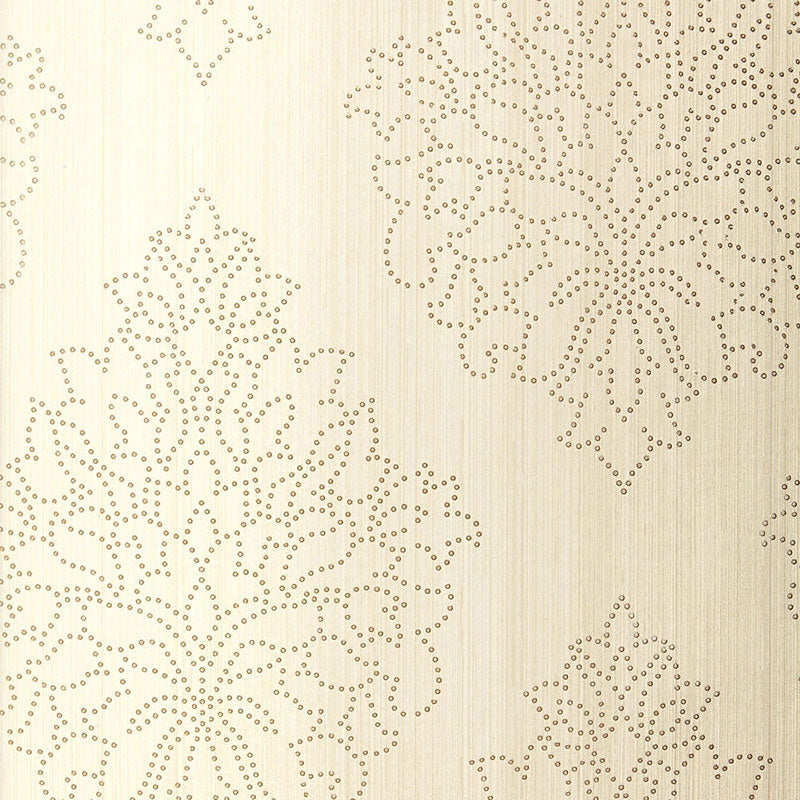 Beaded Damask wallpaper in Alabaster by Schumacher features a handcrafted damask pattern with beaded detailing in a neutral cream colorway.