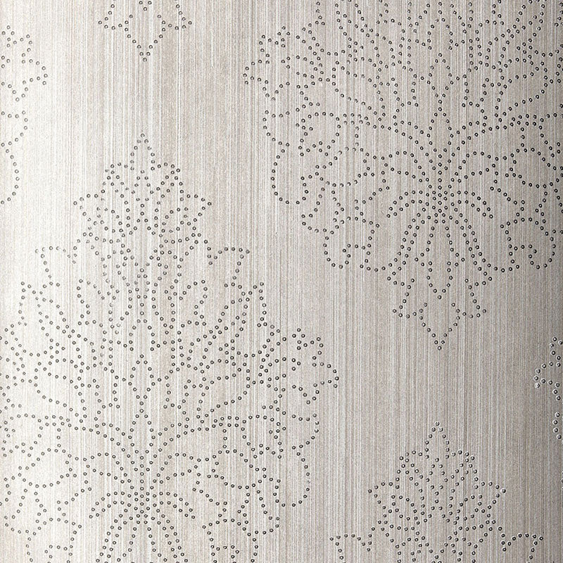 Beaded Damask wallpaper in Zinc by Schumacher, featuring a handcrafted damask pattern with beaded detailing on a non-woven material.