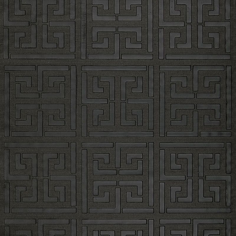 Greek Key Sisal wallpaper in Jet by Schumacher, featuring a classic Greek key pattern hand-printed on natural sisal.