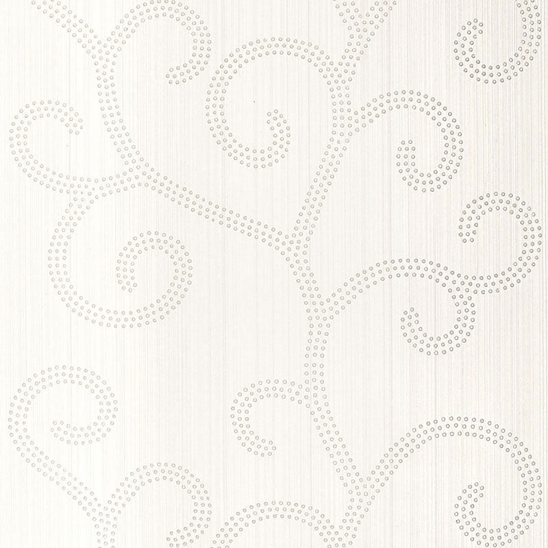 Raindrop Scroll wallpaper in Pearl by Schumacher features a handcrafted scroll pattern with subtle shimmer and texture.