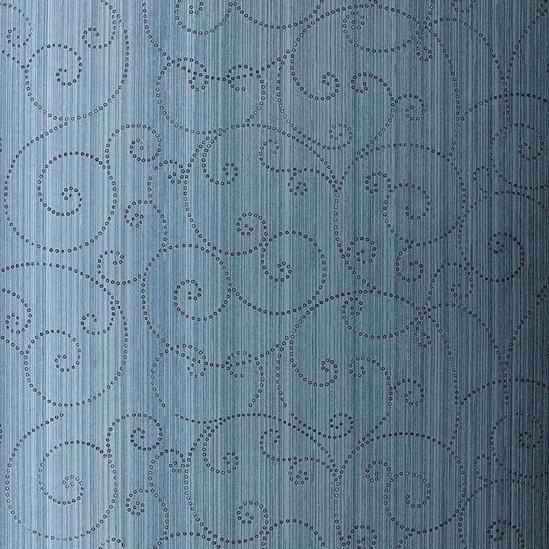 Beaded Scroll wallpaper in Peacock by Schumacher, featuring a handcrafted scroll pattern with beaded detailing in blue tones.