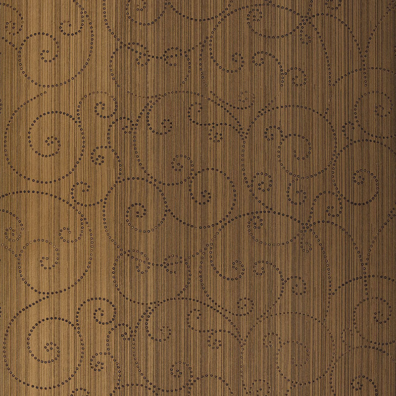 Burnished bronze beaded scroll handcrafted wallcovering with swirling dot pattern and vertical striations