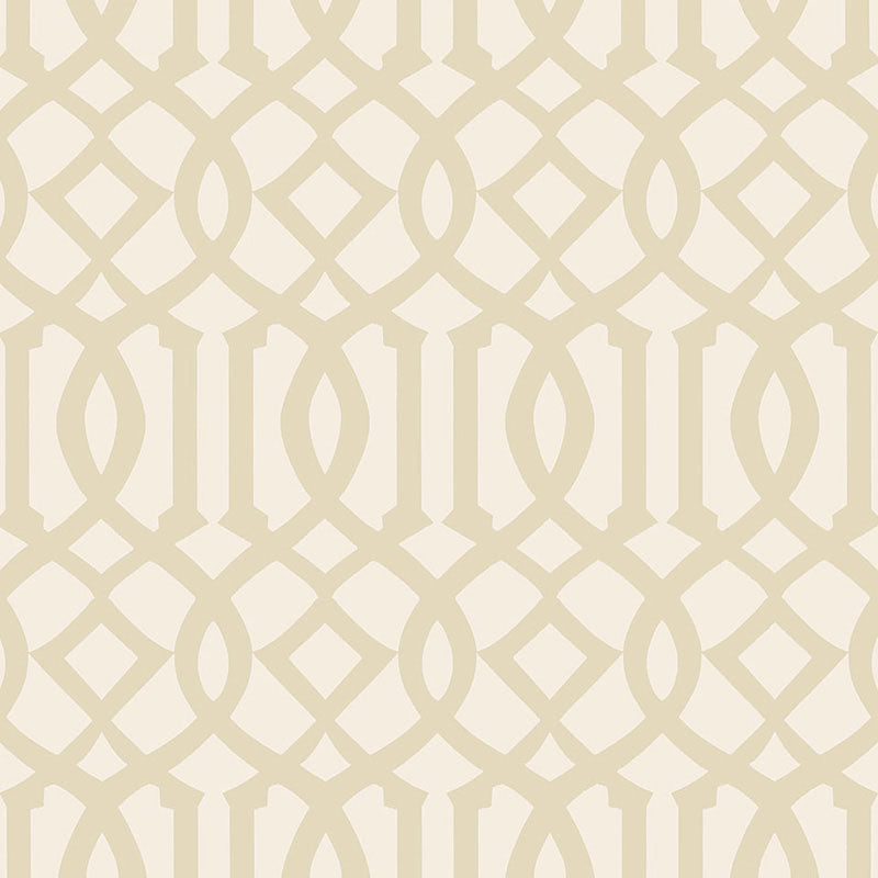 Imperial Trellis II wallpaper in Sand and Ivory by Kelly Wearstler for Schumacher, shown in a glamorous entryway setting.