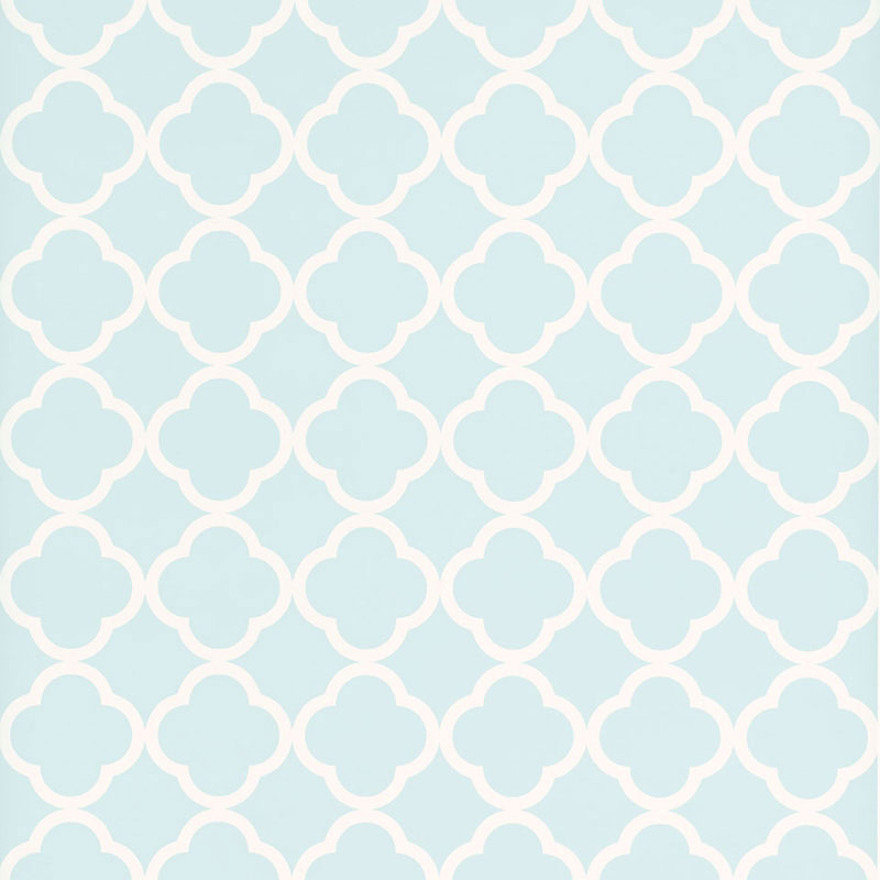 Moroccan quatrefoil geometric wallpaper in sky blue and white by Schumacher