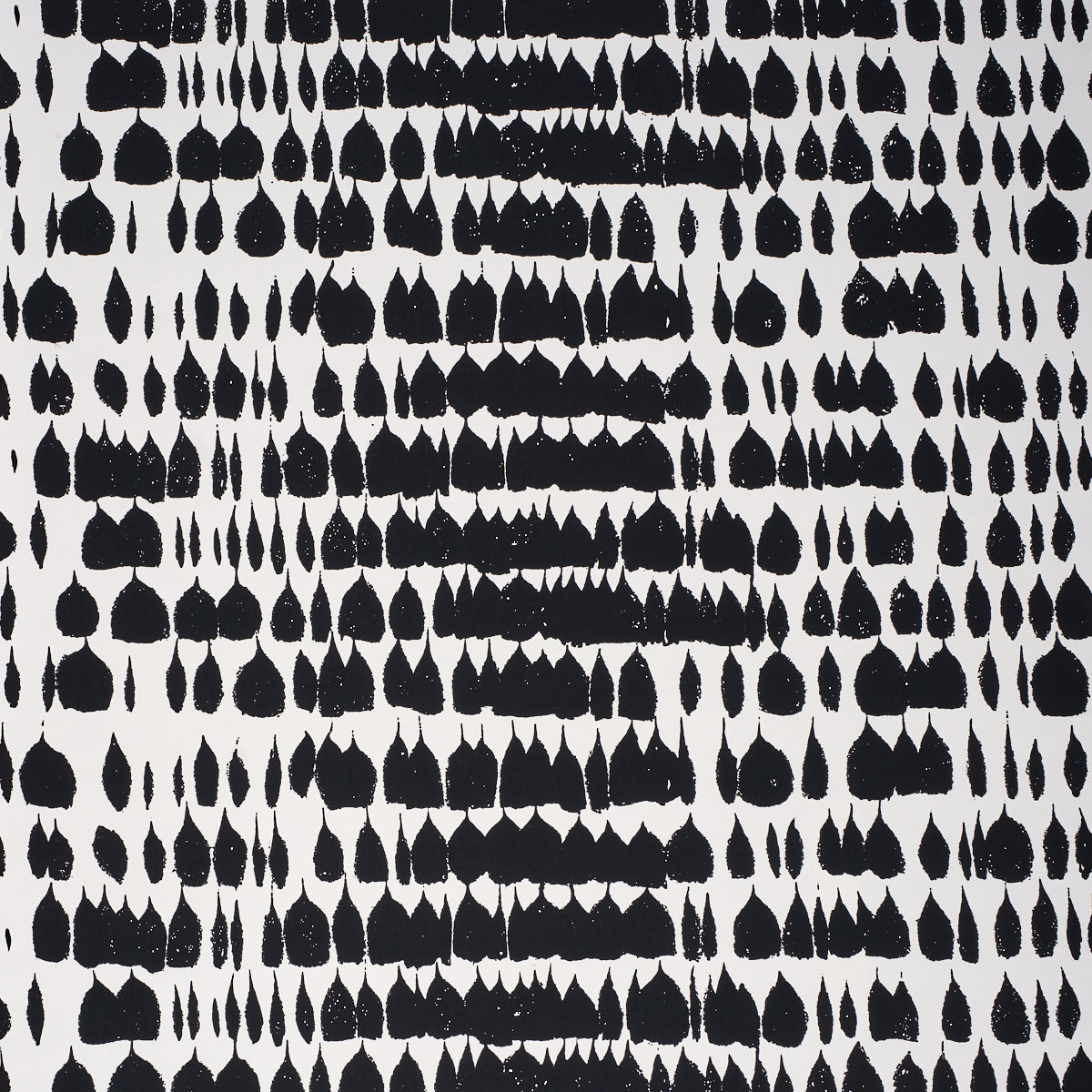 Queen of Spain black and white mid-century painterly abstract wallpaper by Schumacher, shown in room and detail views.