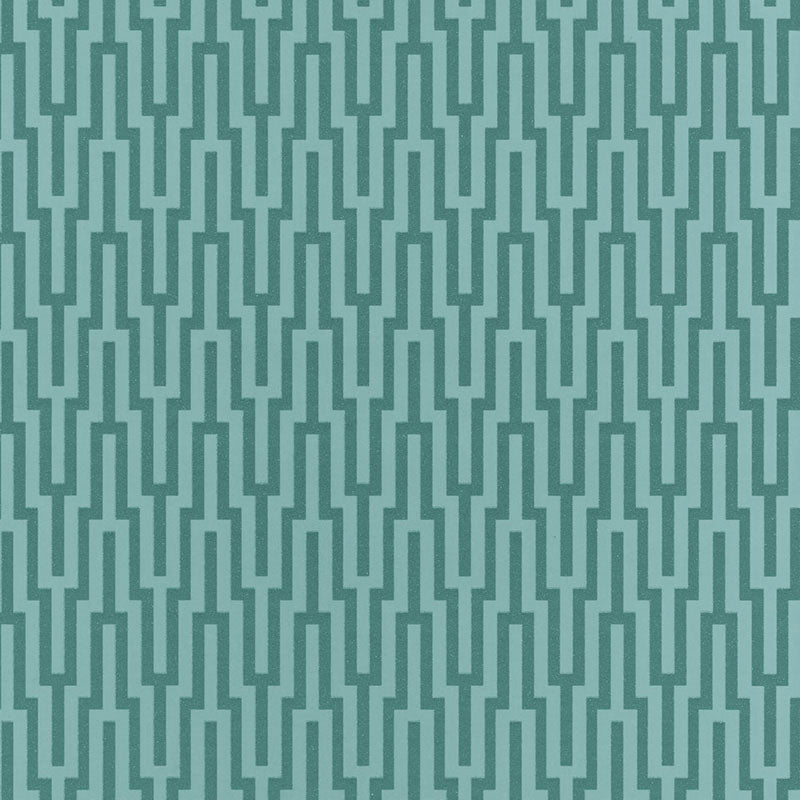 Turquoise geometric glass bead wallpaper with urbane glamour by Schumacher, Metropolitan Fret pattern.
