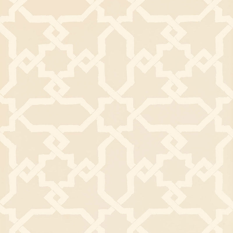 Cordoba Flax wallpaper by Schumacher featuring interlocking Moorish-inspired diamonds and stars in a neutral beige colorway.