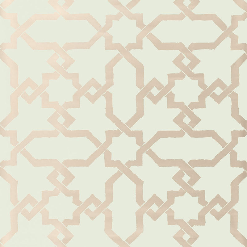 Cordoba Mist wallpaper by Schumacher featuring interlocking Moorish-inspired diamonds and stars in a hand-painted look.