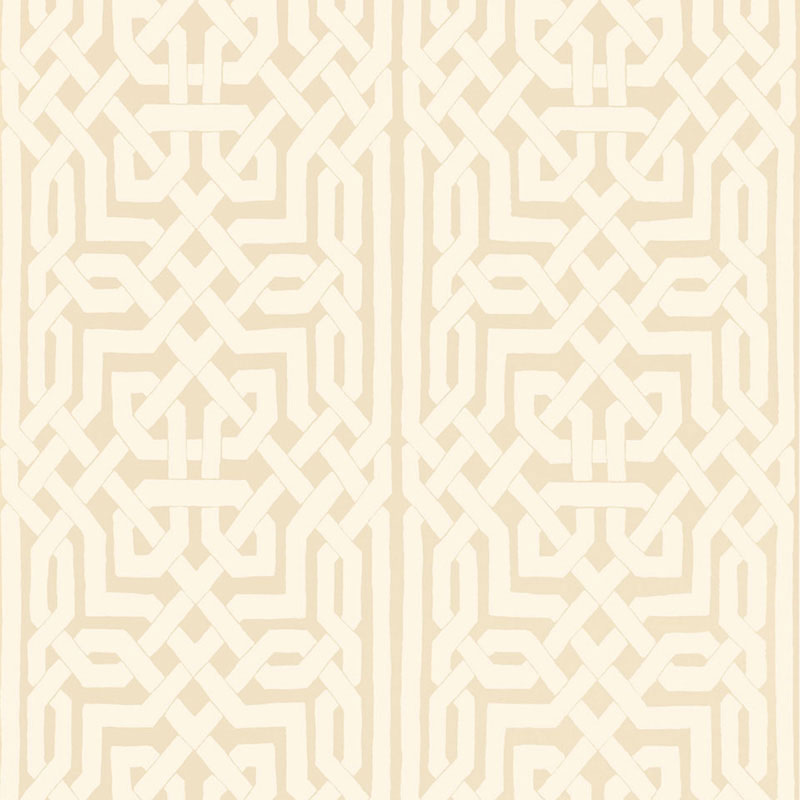 Malaga in Flax by Schumacher - intricate Celtic knot inspired graphic fretwork wallpaper in beige and metallic tones.