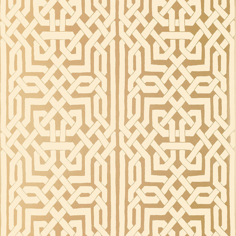Malaga gold wallpaper with metallic ground and Celtic knot-inspired graphic fretwork by Schumacher