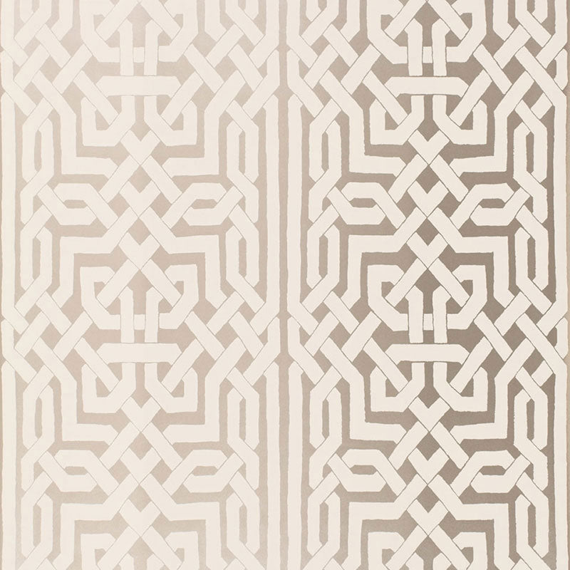 Malaga in silver wallpaper with metallic ground and Celtic knot-inspired graphic fretwork by Schumacher