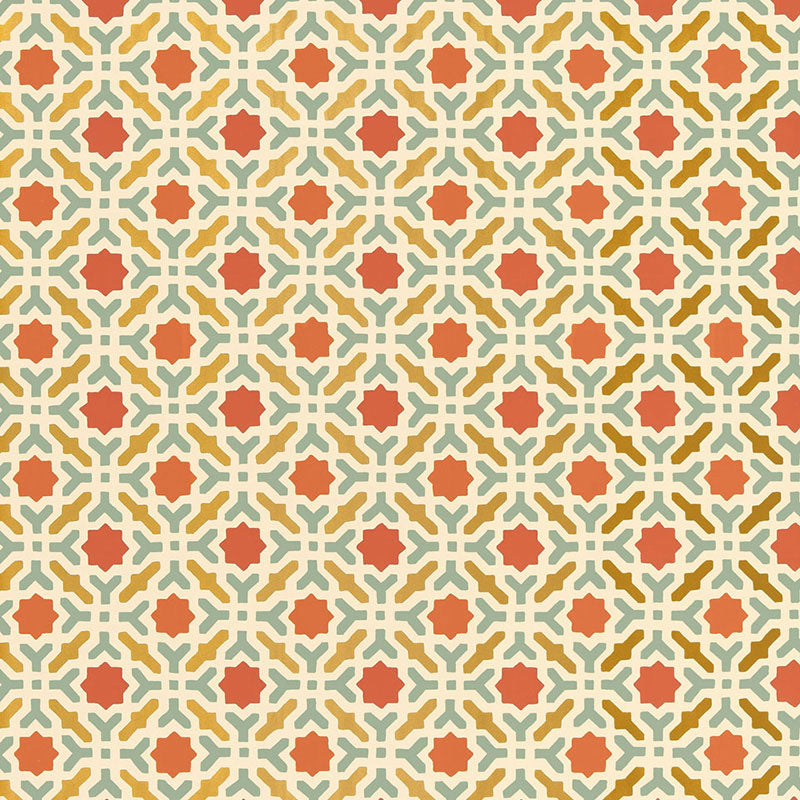 Serallo Mosaic Persimmon geometric wallpaper by Schumacher, hand screen printed with a bold Byzantine-inspired pattern.