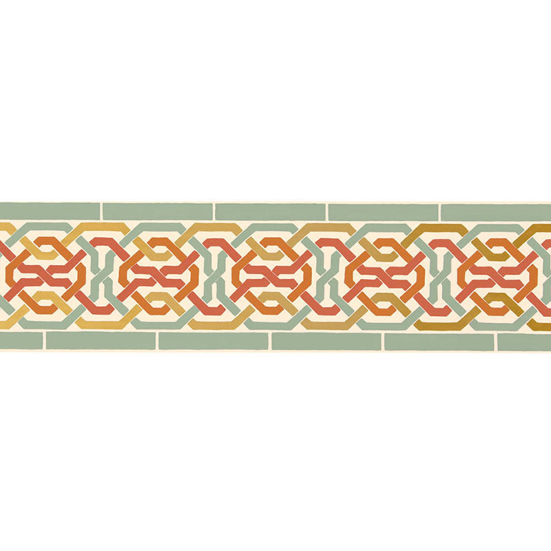Darro Mosaic Border in Persimmon from the Byzantium Collection by Schumacher - SKU 5006022. Geometric wallcovering border with interlocking pattern in orange, green, and gold tones.