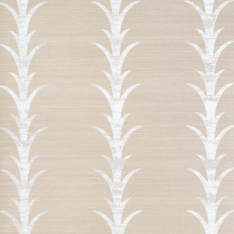 Acanthus Stripe Sisal wallpaper in Fog & Chalk by Schumacher, featuring a stylized acanthus motif on a sisal ground.