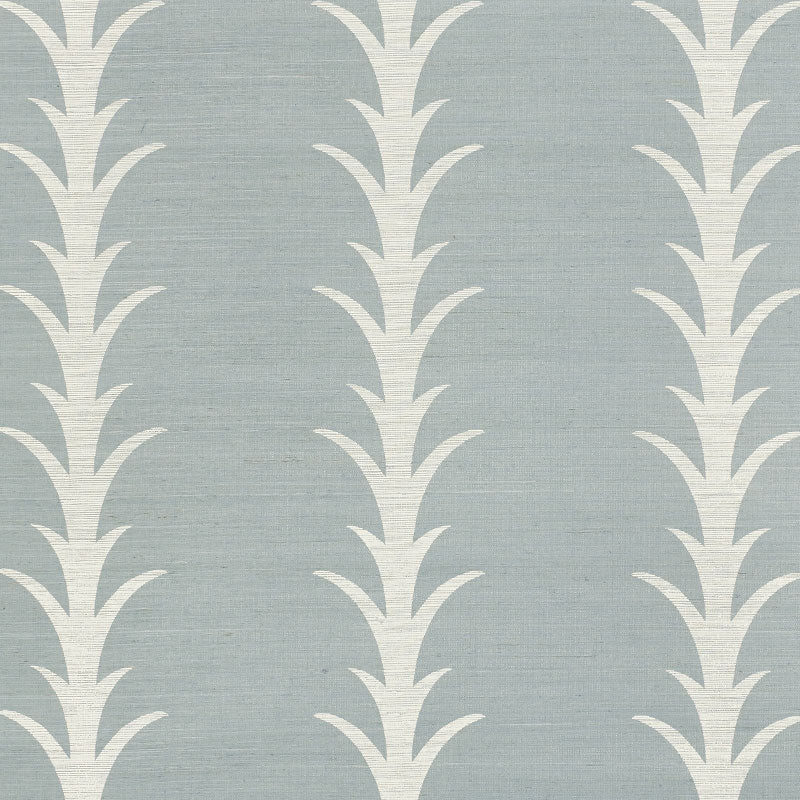 Acanthus Stripe Sisal wallpaper in Chambray by Schumacher, featuring a stylized acanthus motif in a soft blue and white colorway, shown in elegant interior settings.