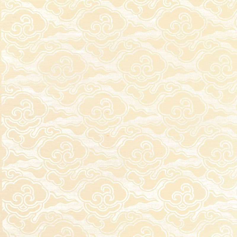 Cirrus Clouds Sisal wallpaper in Blanched by Celerie Kemble for Schumacher, featuring a hand-screened cloud pattern in soft neutral tones.